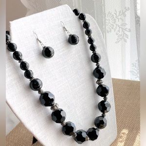 Vintage Facet-cut Black Onyx Beaded Necklace & Earrings; NOS/Never Worn; GiftBox
